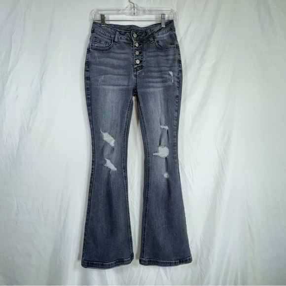 Women’s Retro High Rise Button-Fly Slim Leg Flare Distressed Faded Black Jeans - Picture 2 of 8